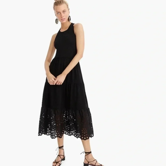 NWOT JCREW Tiered Knit Midi Maxi Black Eyelet Dress M - Picture 2 of 16